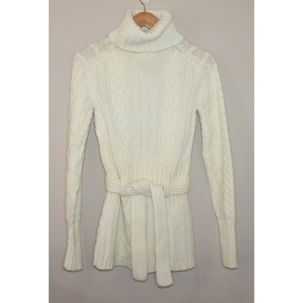 vintage women's Small cream cable knit turtleneck sweater The May Co. belt/tie